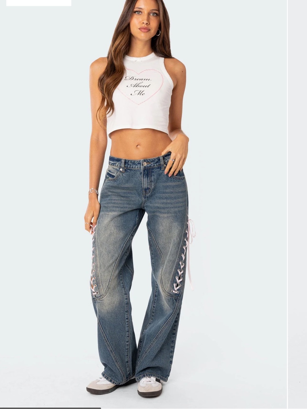 Edikted Blue Baggy Jeans with Pink Ribbon Lace-Up Sides